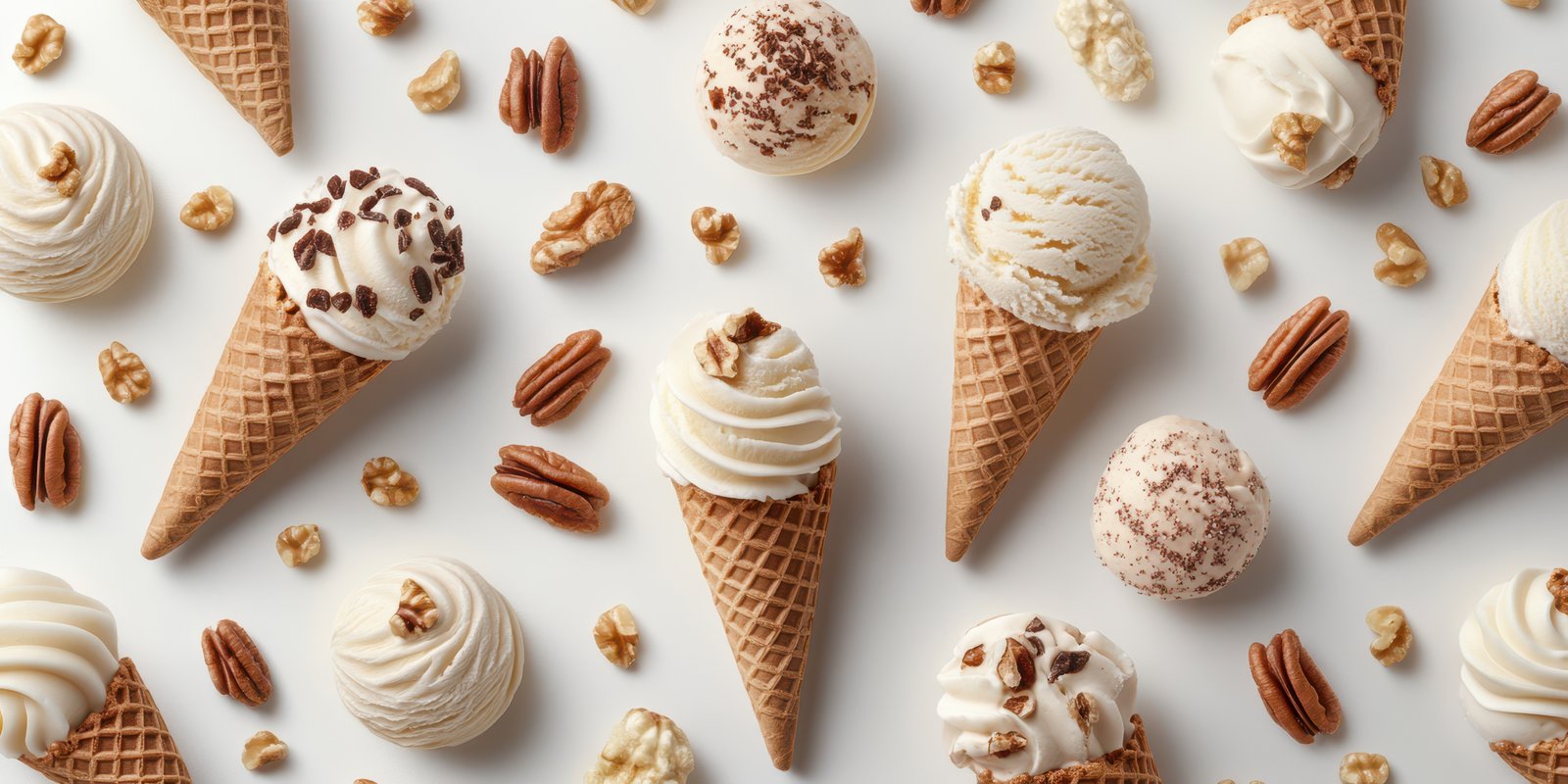 Delicious variety of ice cream cones decorated with nuts and chocolate on a light background